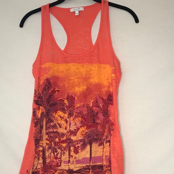 dELiA*s Tops - Orange Palm Tree Beach Graphic Racerback Tank Top